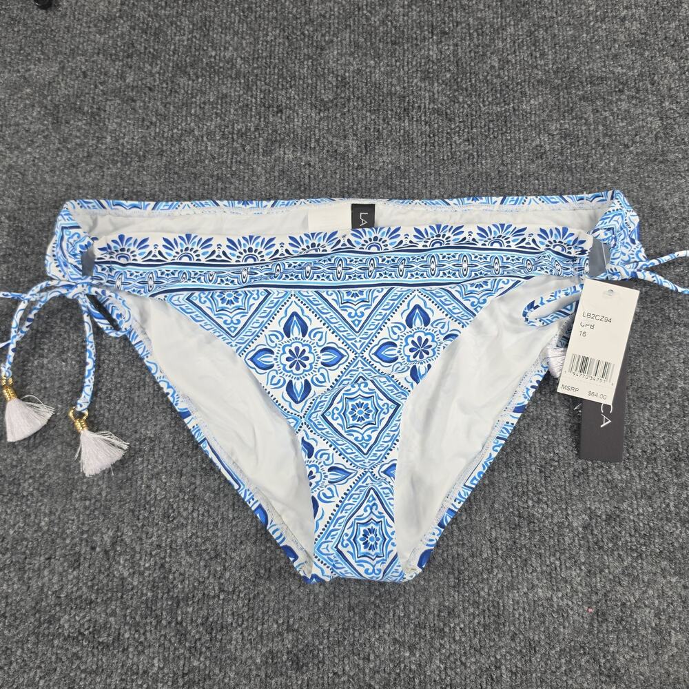 La Blanca Women's Bikini Bottom Size 16 Blue White Side Tie Tassel Swimwear
